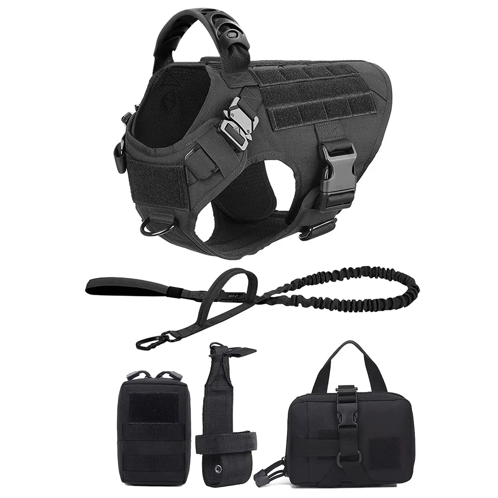 Adjustable Tactical Dog Harness With No Pull Leash And Detachable Pocket Pack