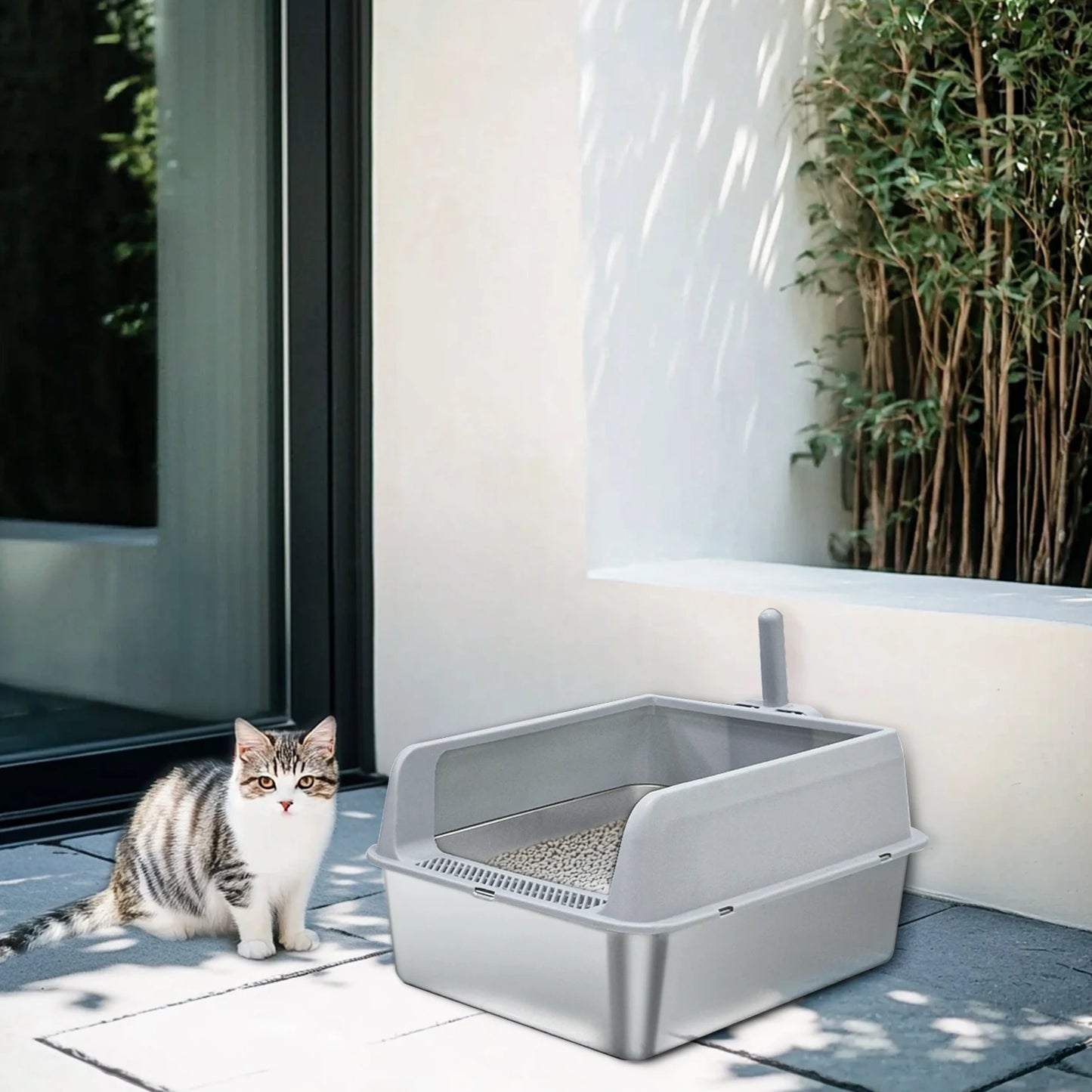 Stainless Steel Semi Closed Cat Litter Box With Scoop Odor Proof