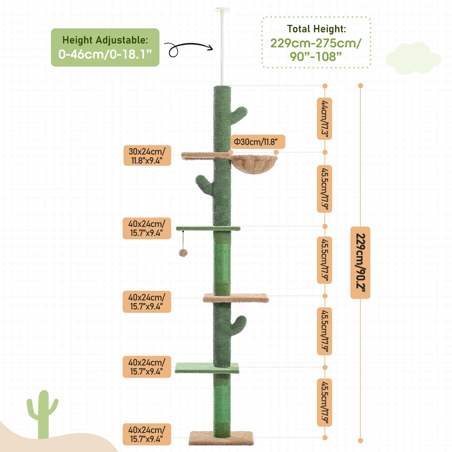 PAWZ Road Cat Tree 5-Tier Floor to Ceiling Cactus Tower with Hammock
