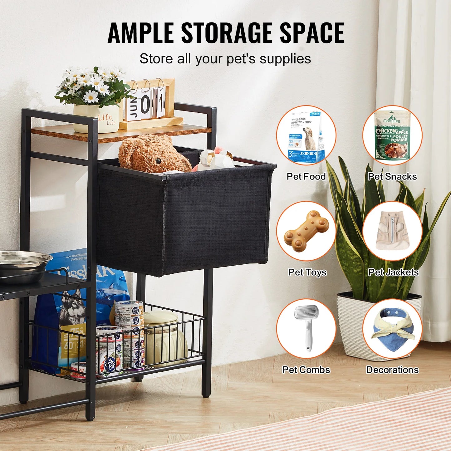 Pet Feeding Station With Storage Elevated Dog Bowls And Shelves