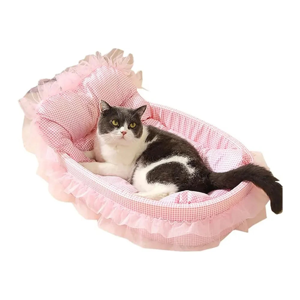 Plush Cat Sofa Bed With Lace Trim Washable Removable Cover