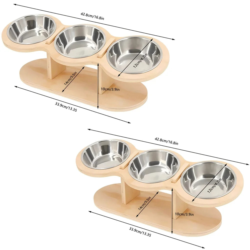 Raised Cat Feeder With Tilted 15 Degree Wood Stand Bowls