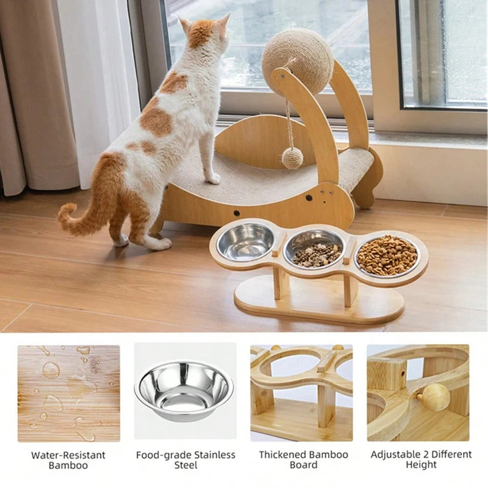 Raised Cat Feeder With Tilted 15 Degree Wood Stand Bowls