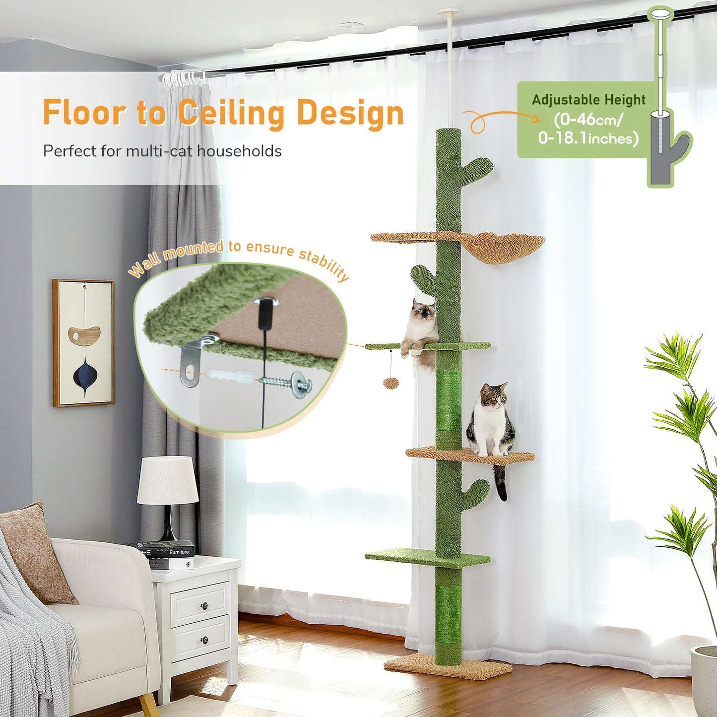 PAWZ Road Cat Tree 5-Tier Floor to Ceiling Cactus Tower with Hammock