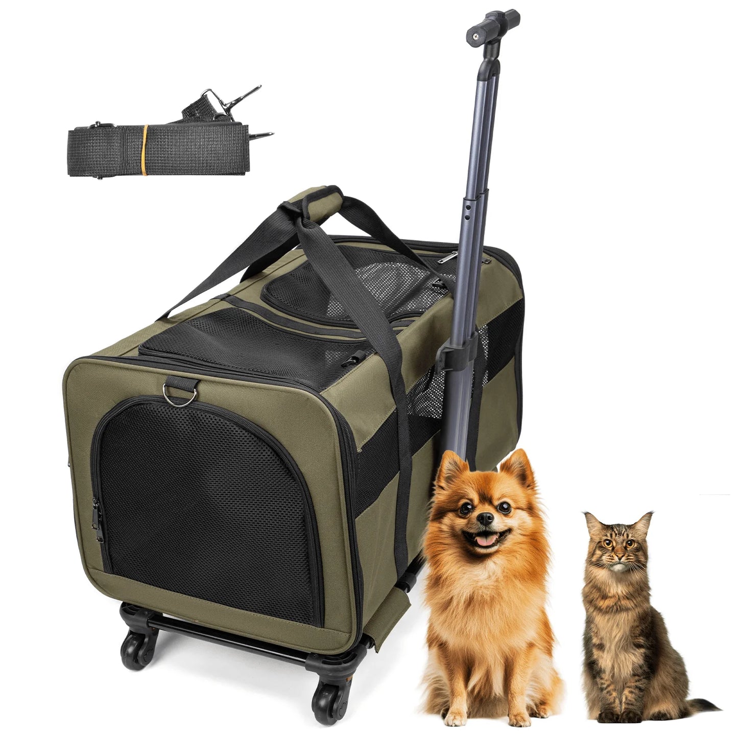 Rolling Cat Carrier For Two Cats And Small Dogs With Removable Pole Platform