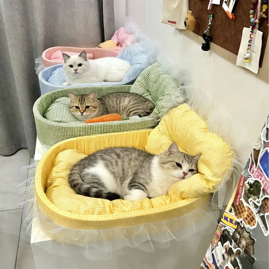 Plush Cat Sofa Bed With Lace Trim Washable Removable Cover