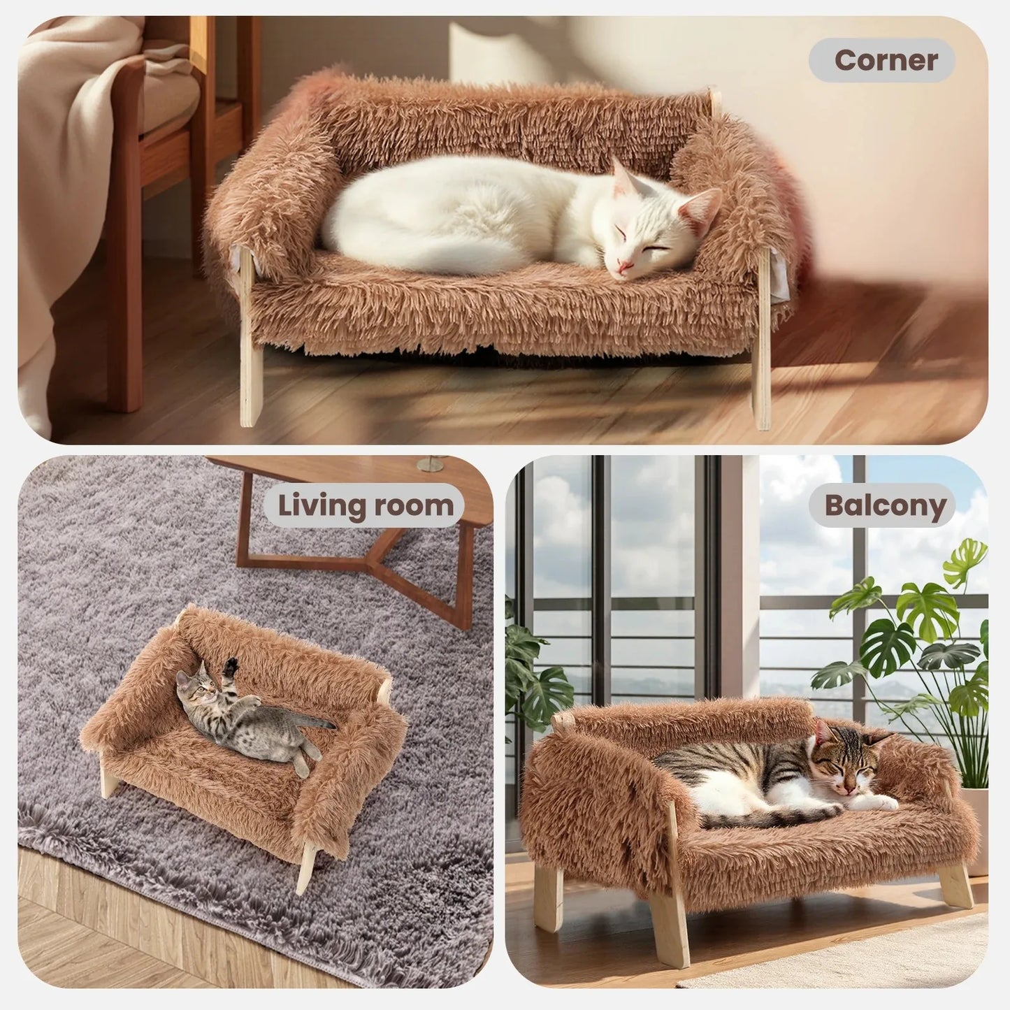 Plush Cat Bed Sofa With Wooden Legs For Indoor Cats