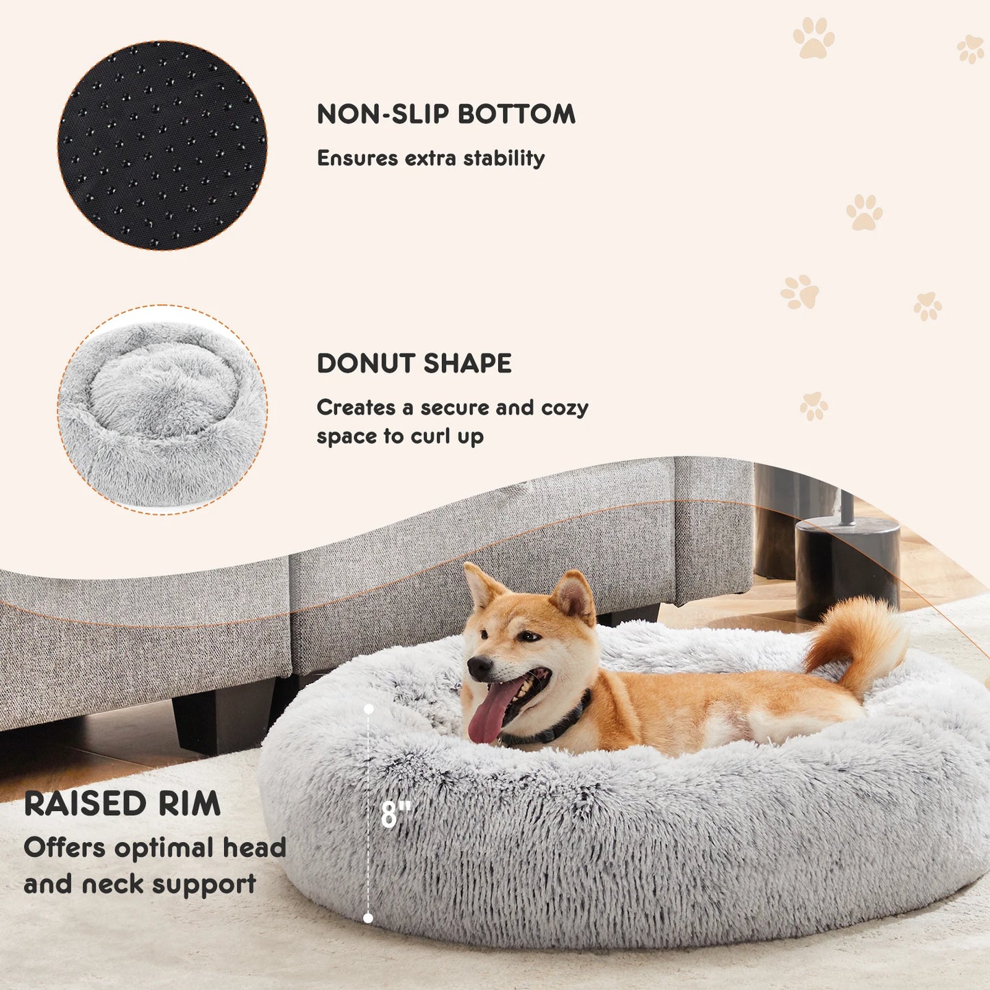 JHK Plush Faux Fur Calming Dog Bed Washable Non Slip