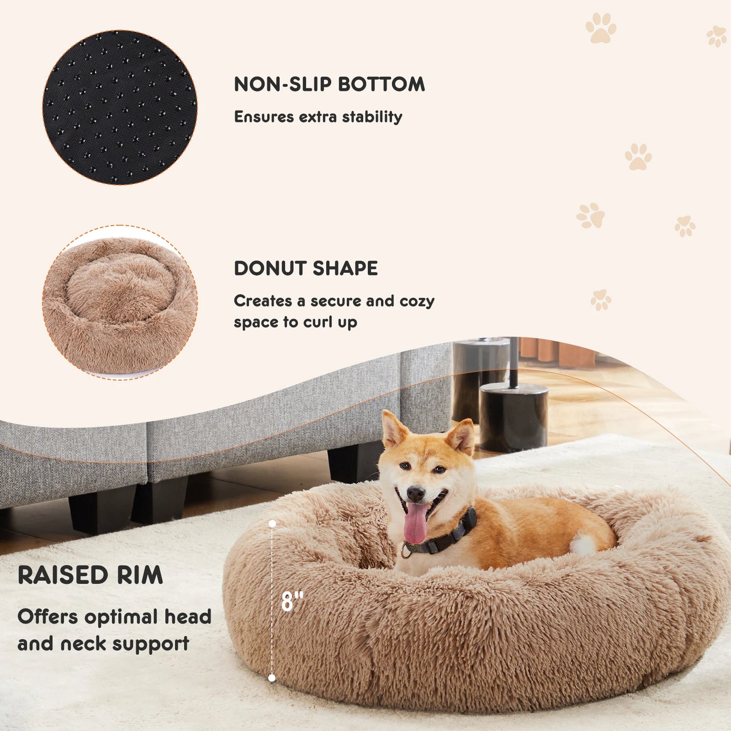 JHK Calming Dog Bed Washable Plush Faux Fur Anti Slip Round Bed