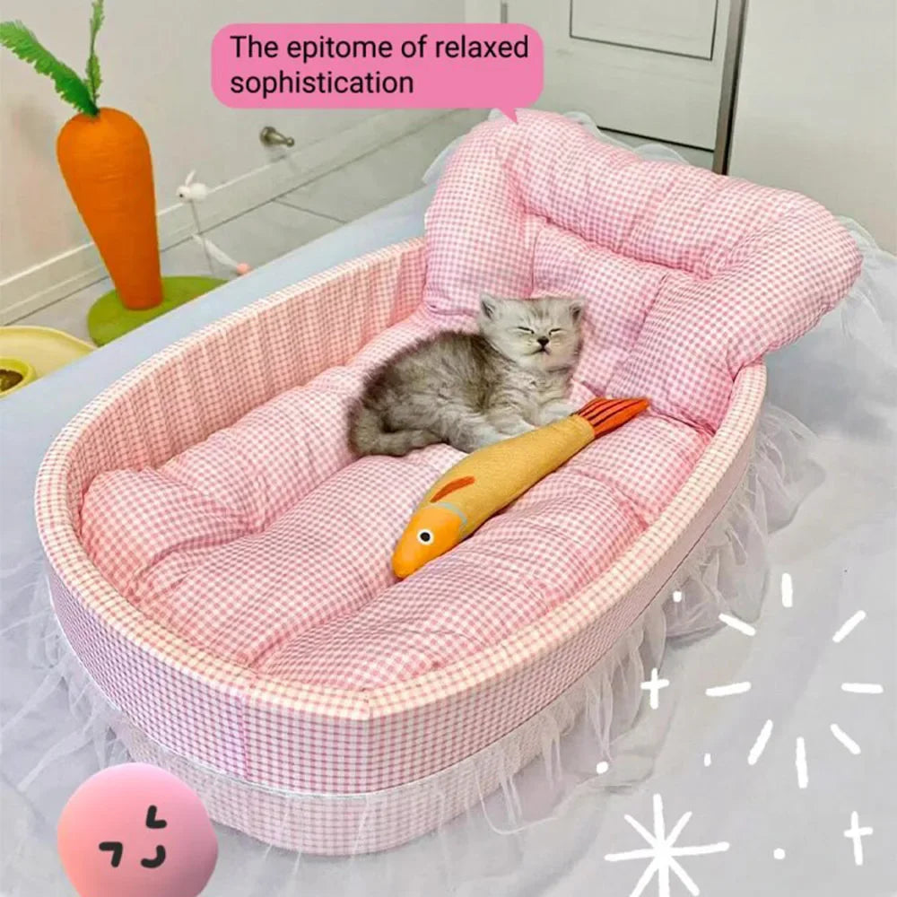 Plush Cat Sofa Bed With Lace Trim Washable Removable Cover