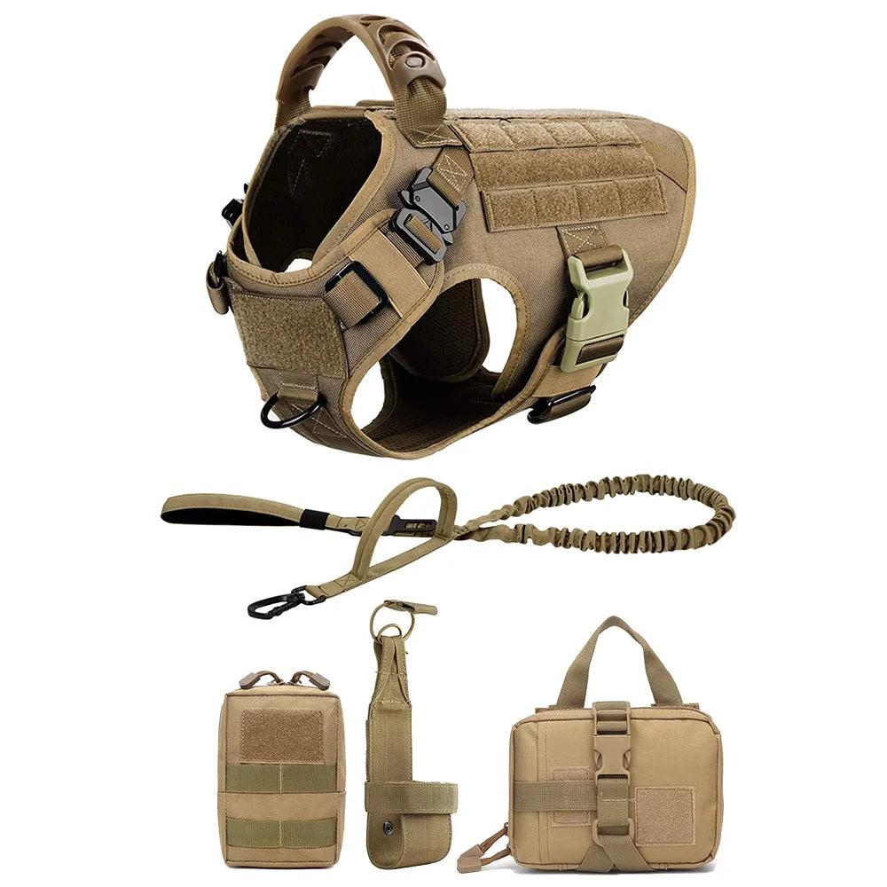 Adjustable Tactical Dog Harness With No Pull Leash And Detachable Pocket Pack