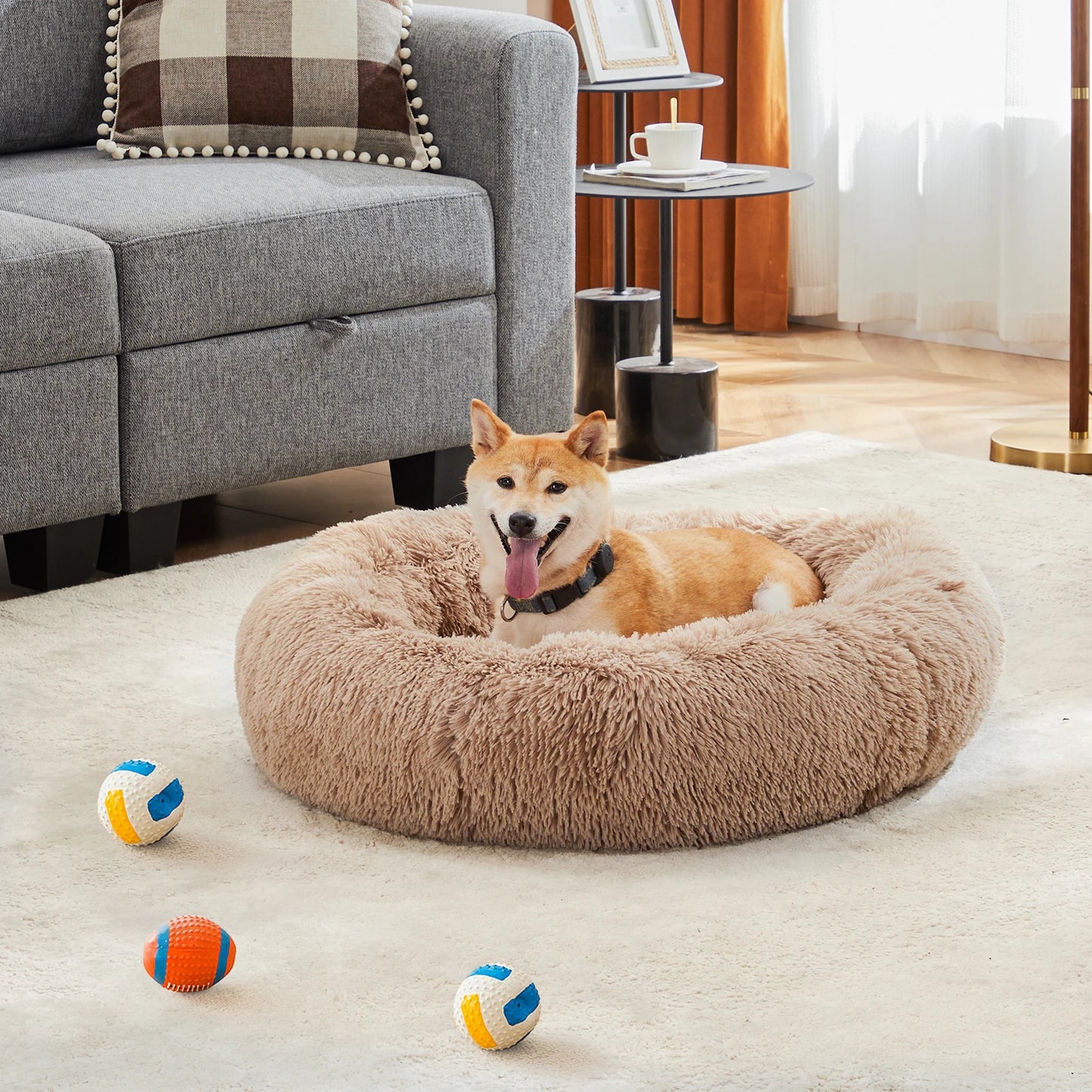 JHK Plush Faux Fur Calming Dog Bed Washable Non Slip