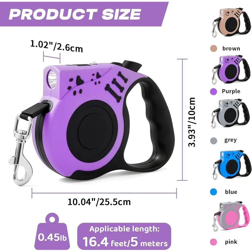 Retractable Dog Leash With USB Rechargeable Flashlight For Night Walks