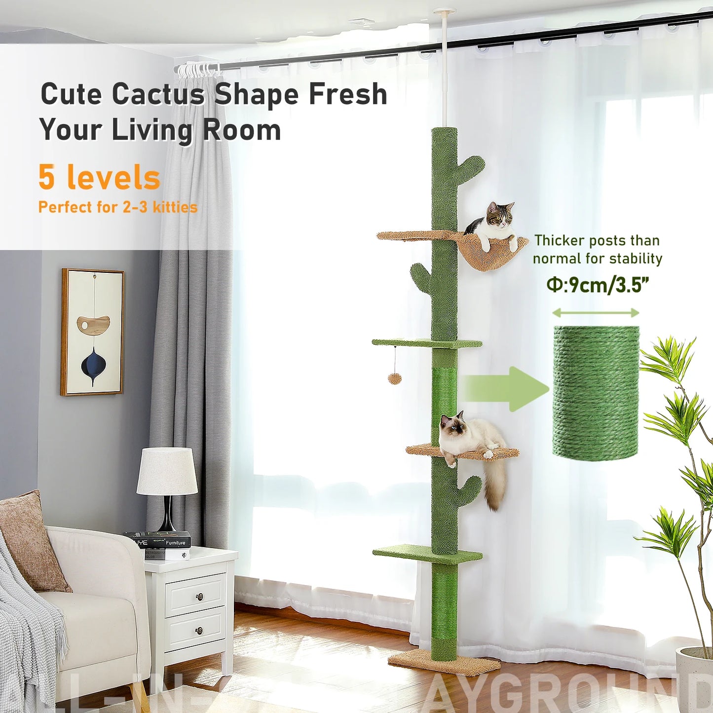 PAWZ Road Cat Tree 5-Tier Floor to Ceiling Cactus Tower with Hammock