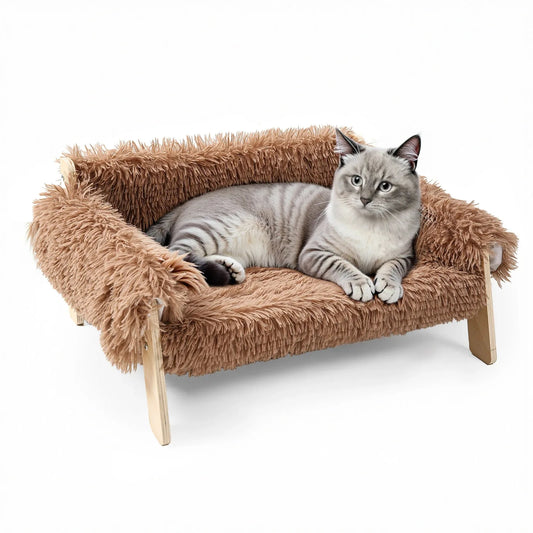 Plush Cat Bed Sofa With Wooden Legs For Indoor Cats