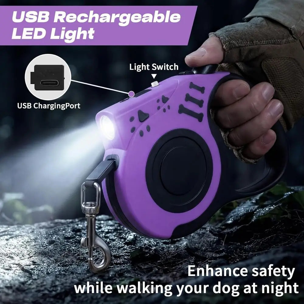 Retractable Dog Leash With USB Rechargeable Flashlight For Night Walks
