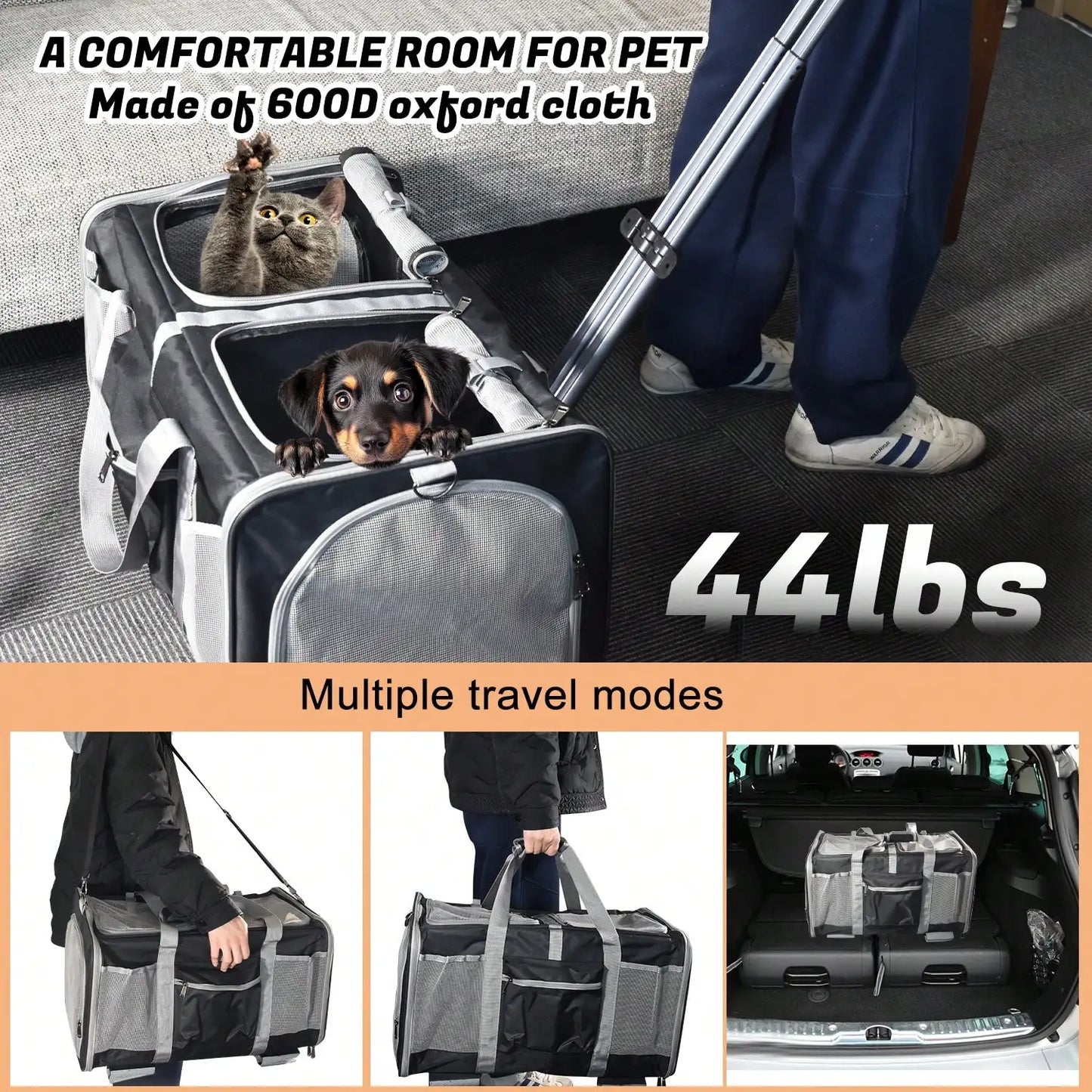 Rolling Cat Carrier For Two Cats And Small Dogs With Removable Pole Platform