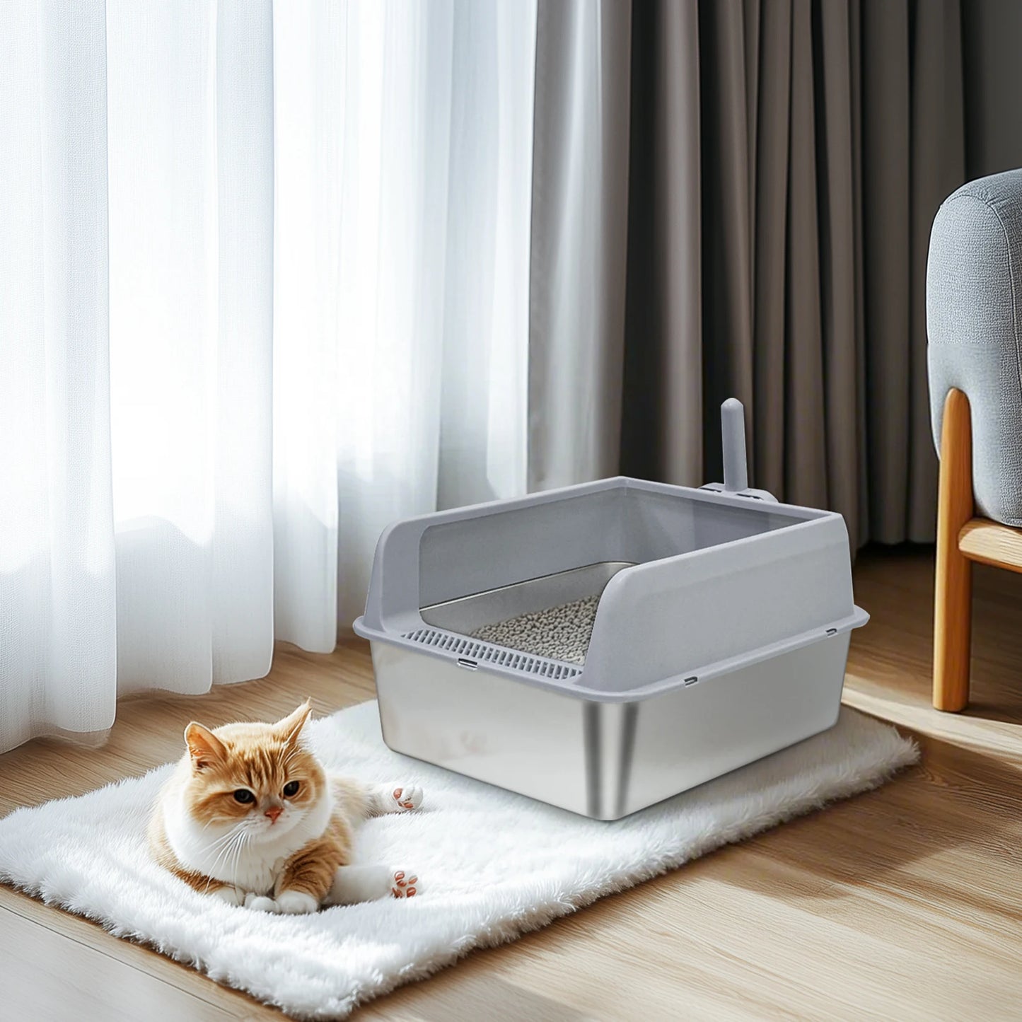 Stainless Steel Semi Closed Cat Litter Box With Scoop Odor Proof