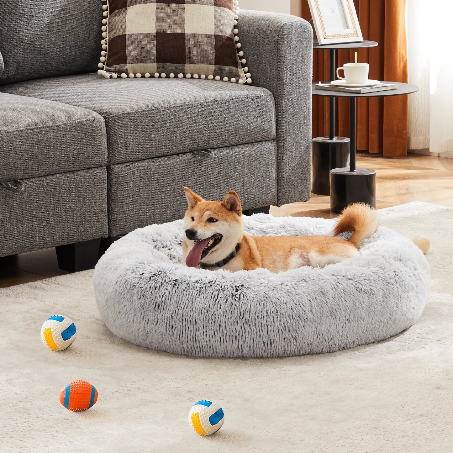 JHK Plush Faux Fur Calming Dog Bed Washable Non Slip