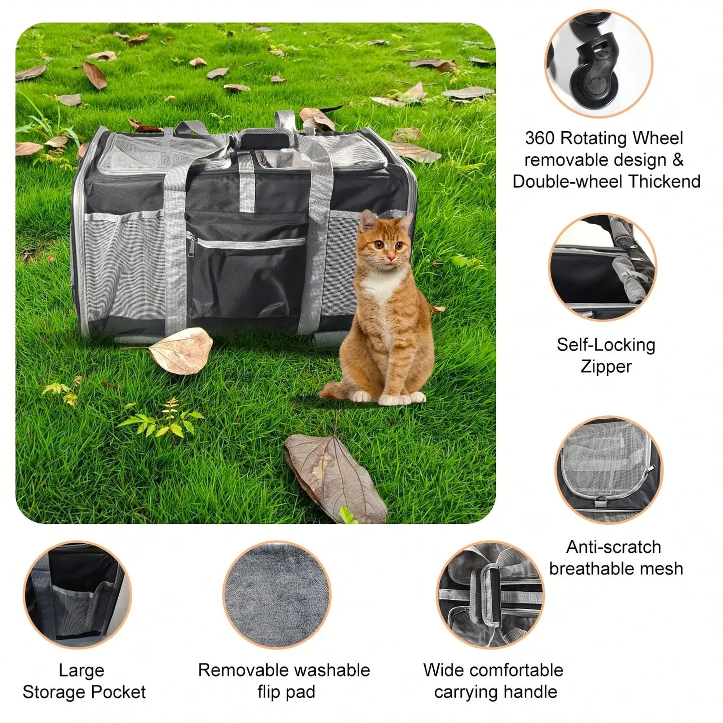 Rolling Cat Carrier For Two Cats And Small Dogs With Removable Pole Platform