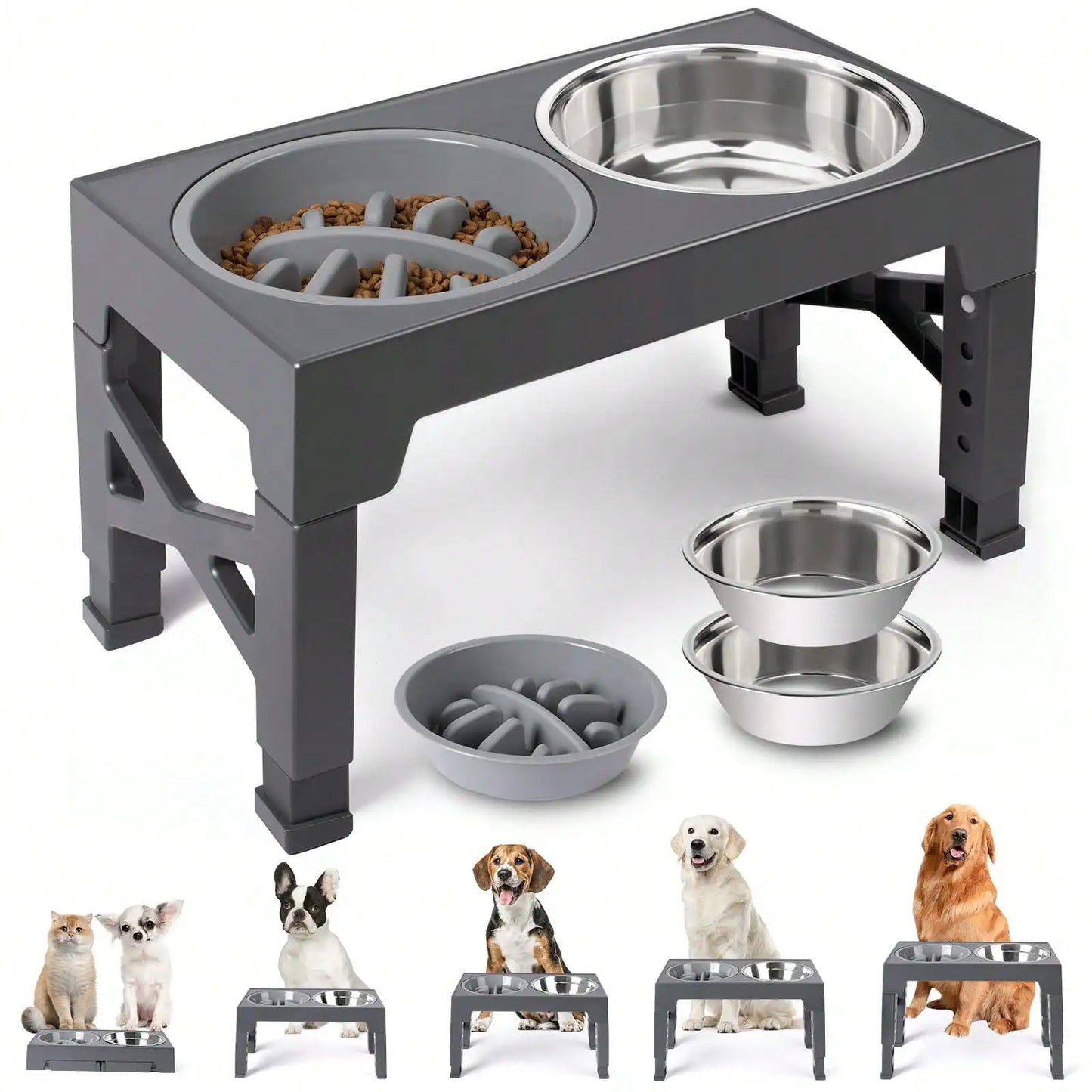 Raised Dog Bowl Set With Adjustable Heights And Slow Feeder