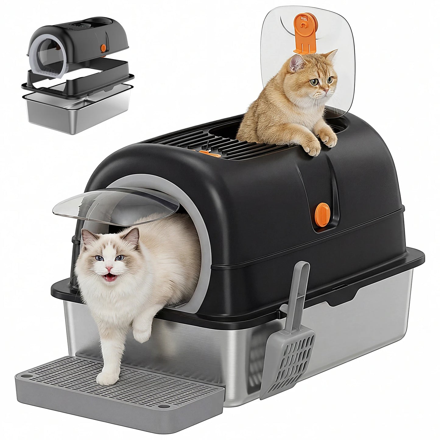 Stainless Steel Cat Litter Box Fully Enclosed For Large Cats With Scoop And Mat