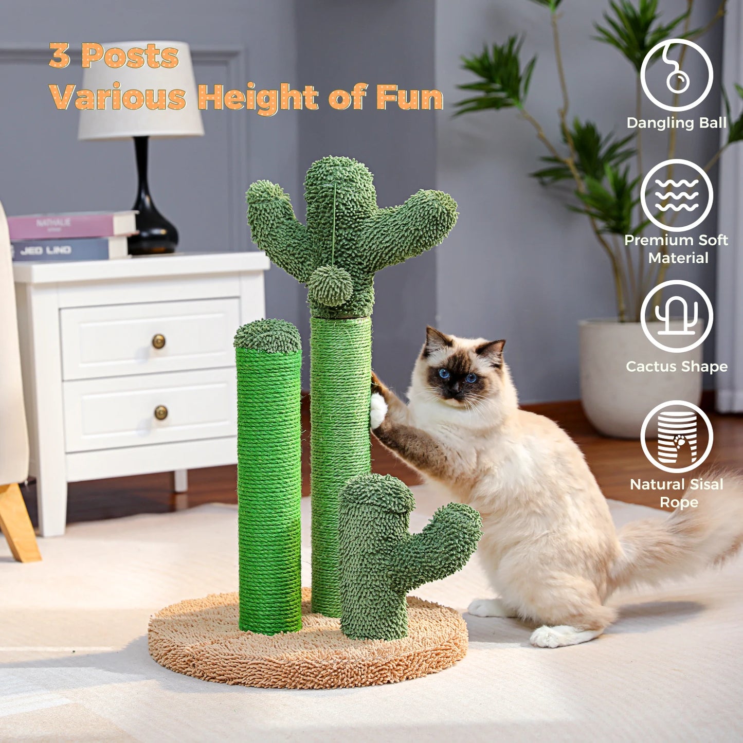 PAWZ Road CN Cactus Cat Scratcher Post With 3 Poles And Dangling Ball