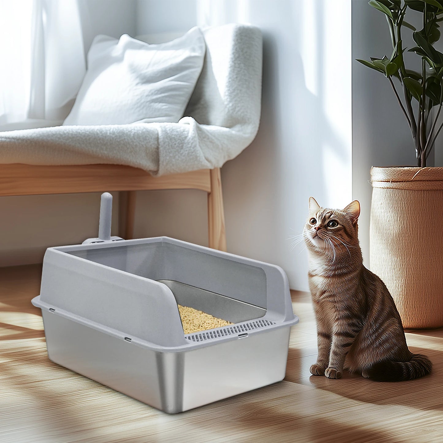 Stainless Steel Semi Closed Cat Litter Box With Scoop Odor Proof