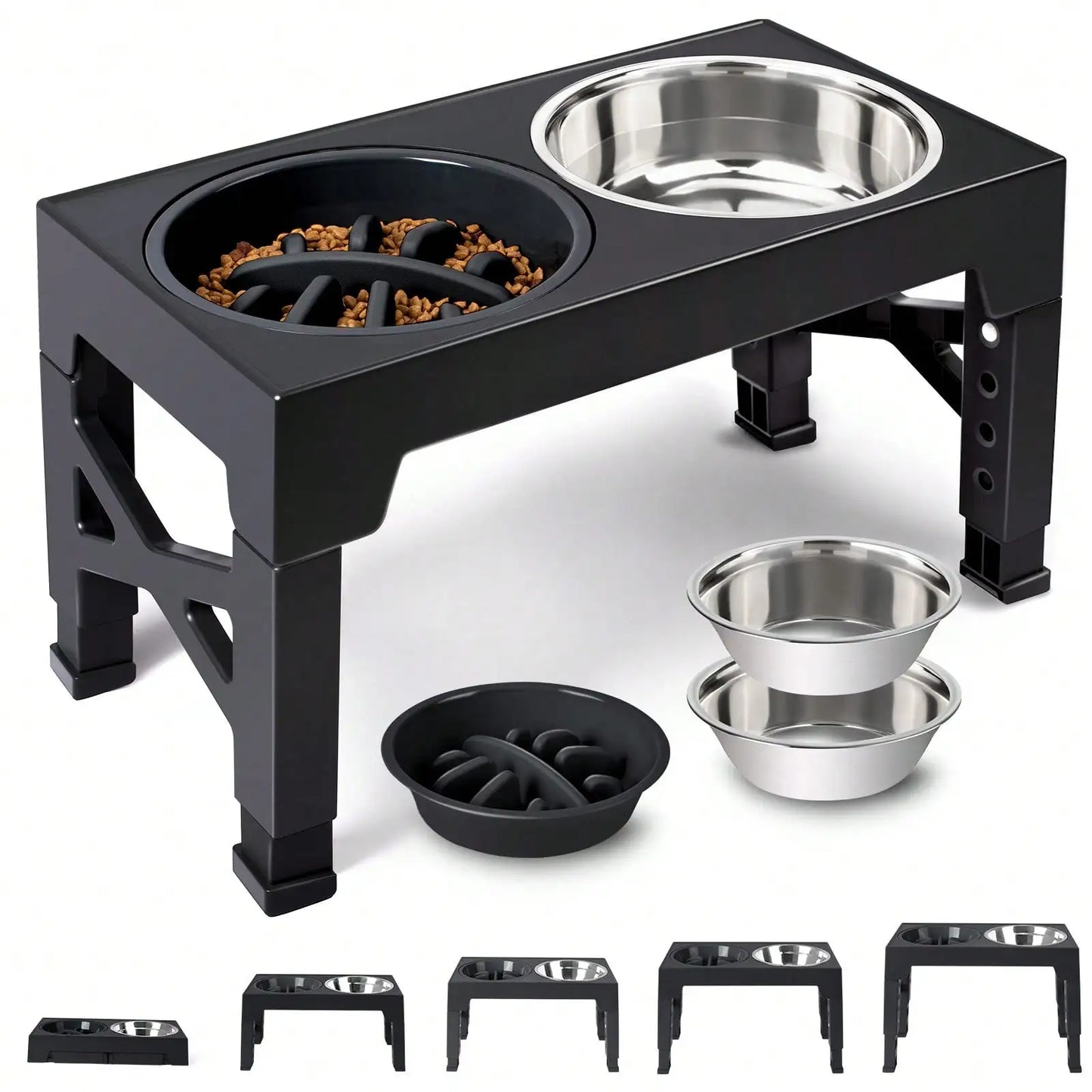 Raised Dog Bowl Set With Adjustable Heights And Slow Feeder
