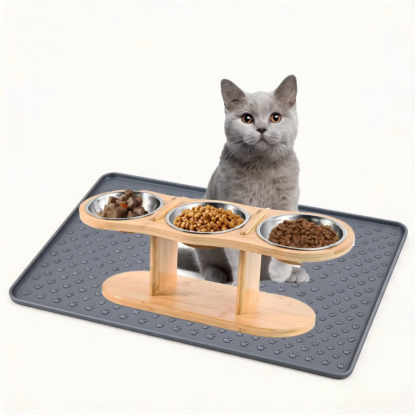 Raised Cat Feeder With Tilted 15 Degree Wood Stand Bowls
