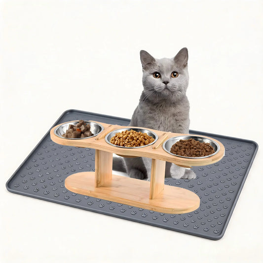 Raised Cat Feeder With Tilted 15 Degree Wood Stand Bowls