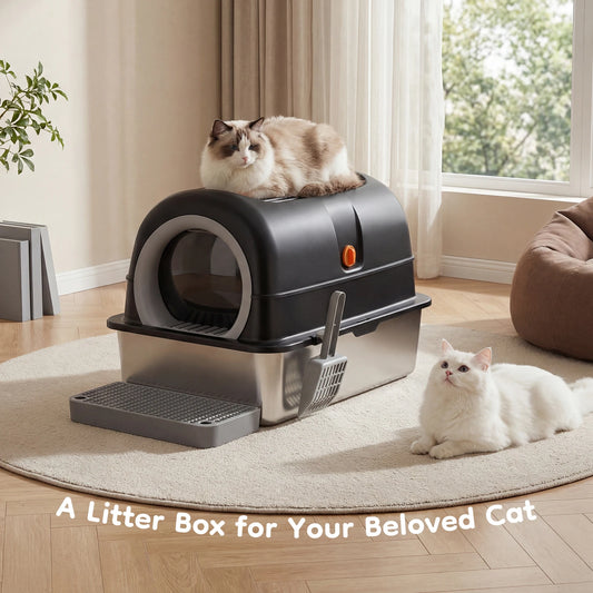 Stainless Steel Cat Litter Box Fully Enclosed For Large Cats With Scoop And Mat