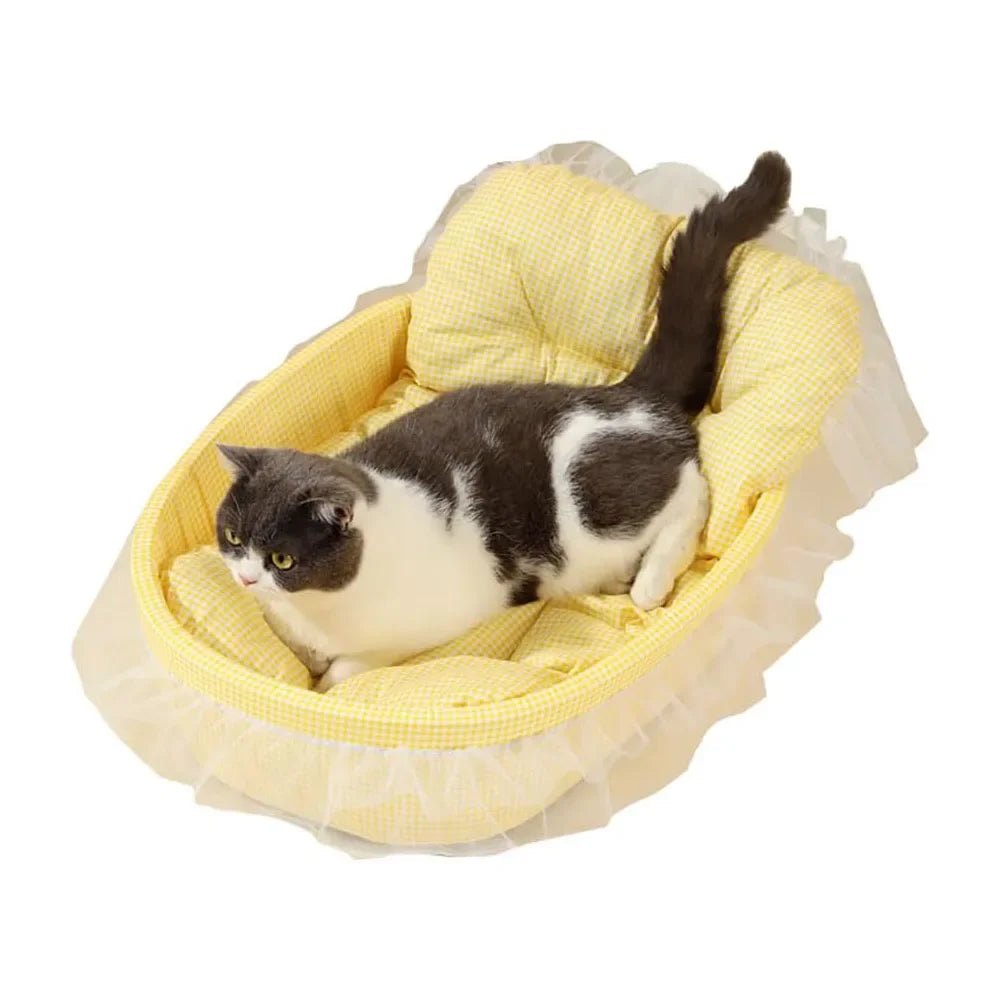Plush Cat Sofa Bed With Lace Trim Washable Removable Cover