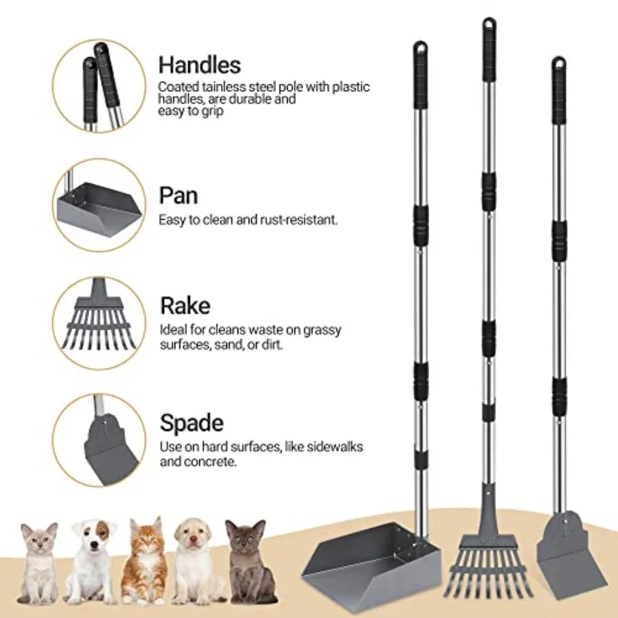 Dog Pooper Scooper Tray And Rake Set Long Adjustable Handles