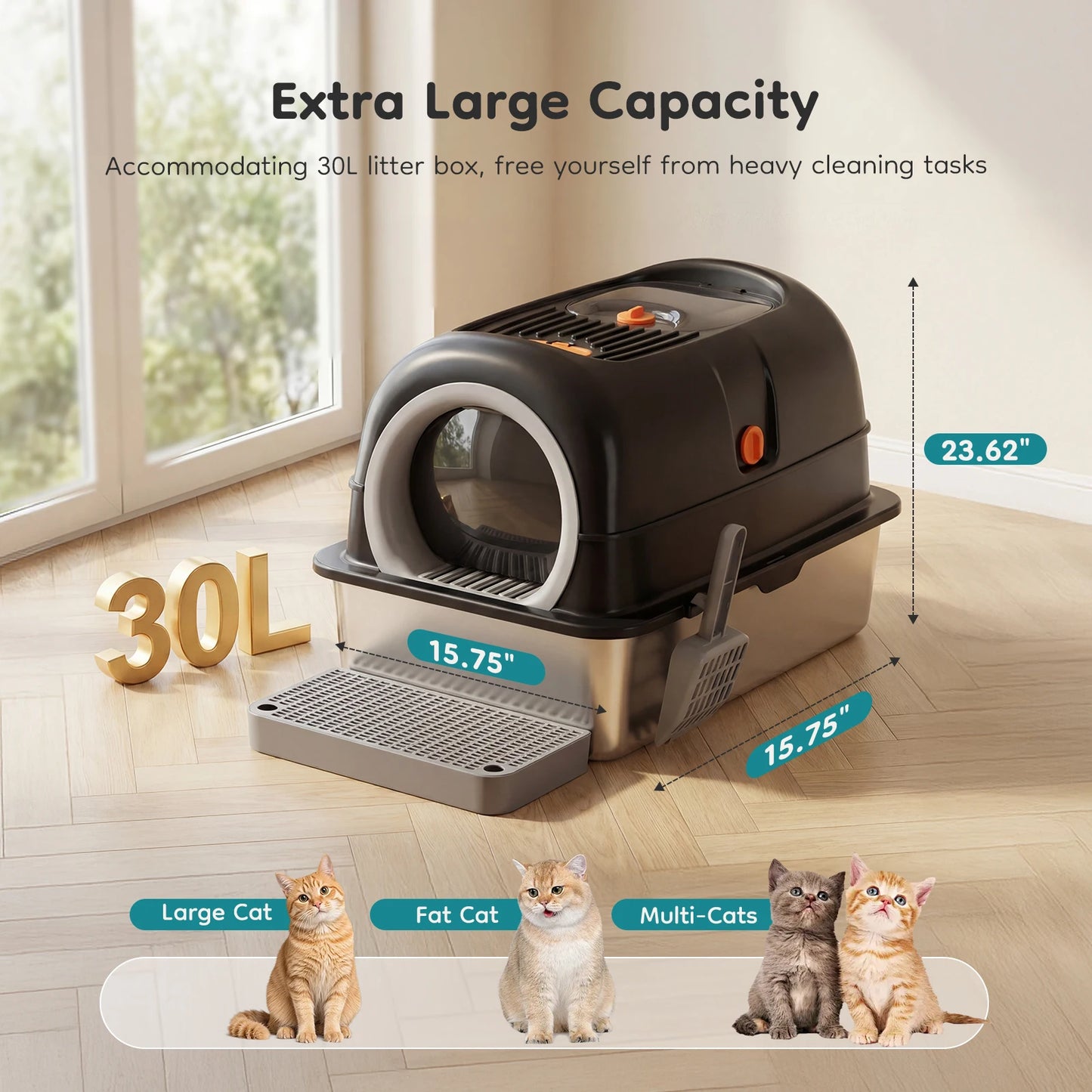 Stainless Steel Cat Litter Box Fully Enclosed For Large Cats With Scoop And Mat
