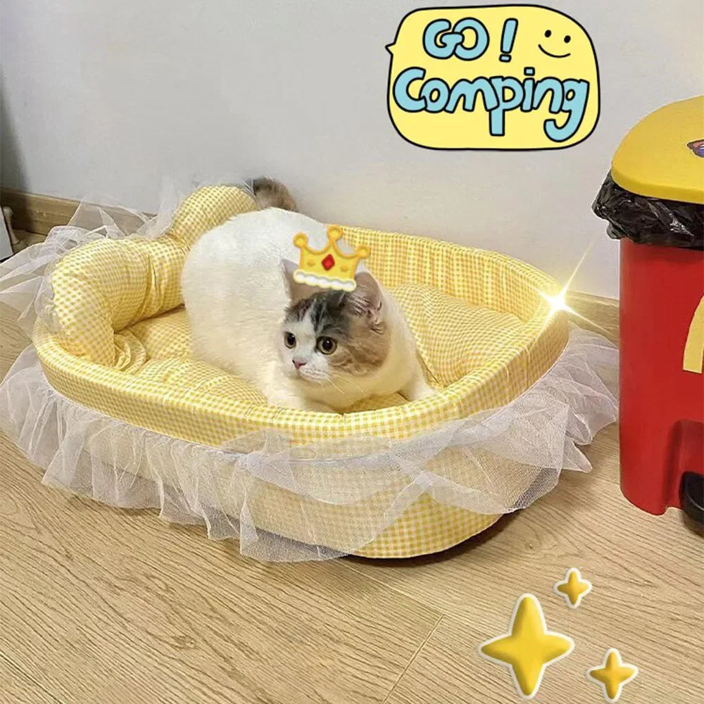 Plush Cat Sofa Bed With Lace Trim Washable Removable Cover
