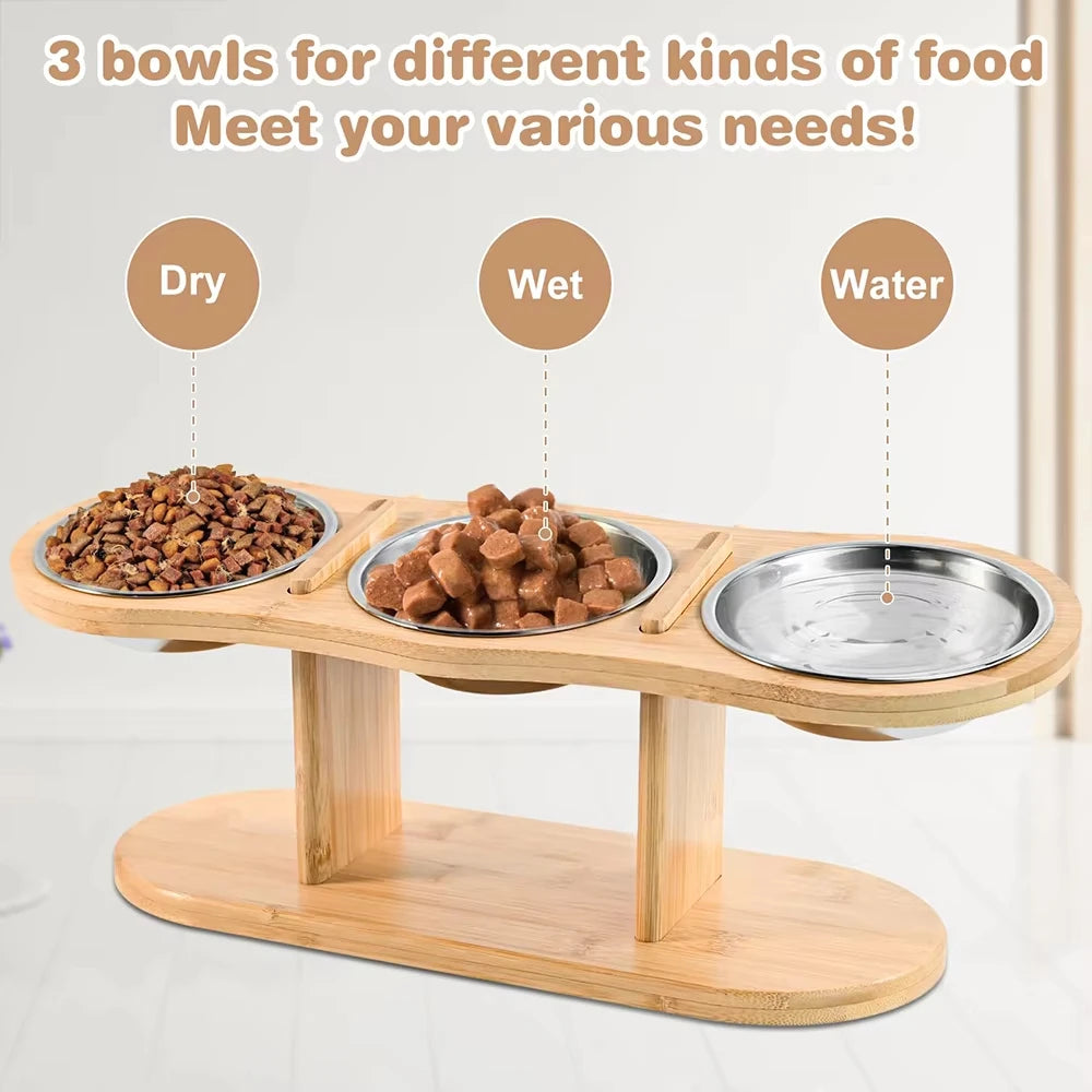 Raised Cat Feeder With Tilted 15 Degree Wood Stand Bowls