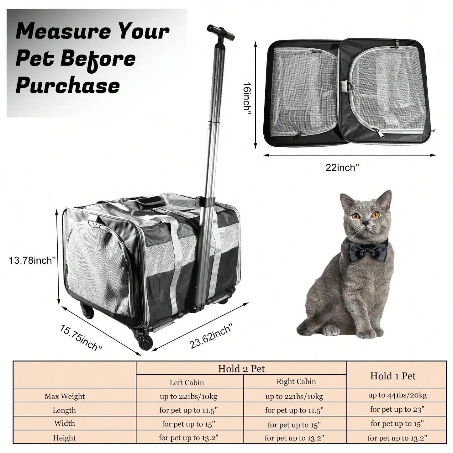 Rolling Cat Carrier For Two Cats And Small Dogs With Removable Pole Platform