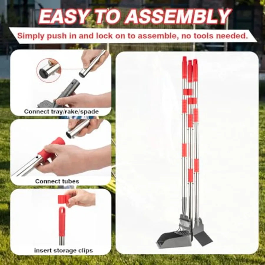 Long Handle Dog Pooper Scooper Stainless Steel Rake With Tray