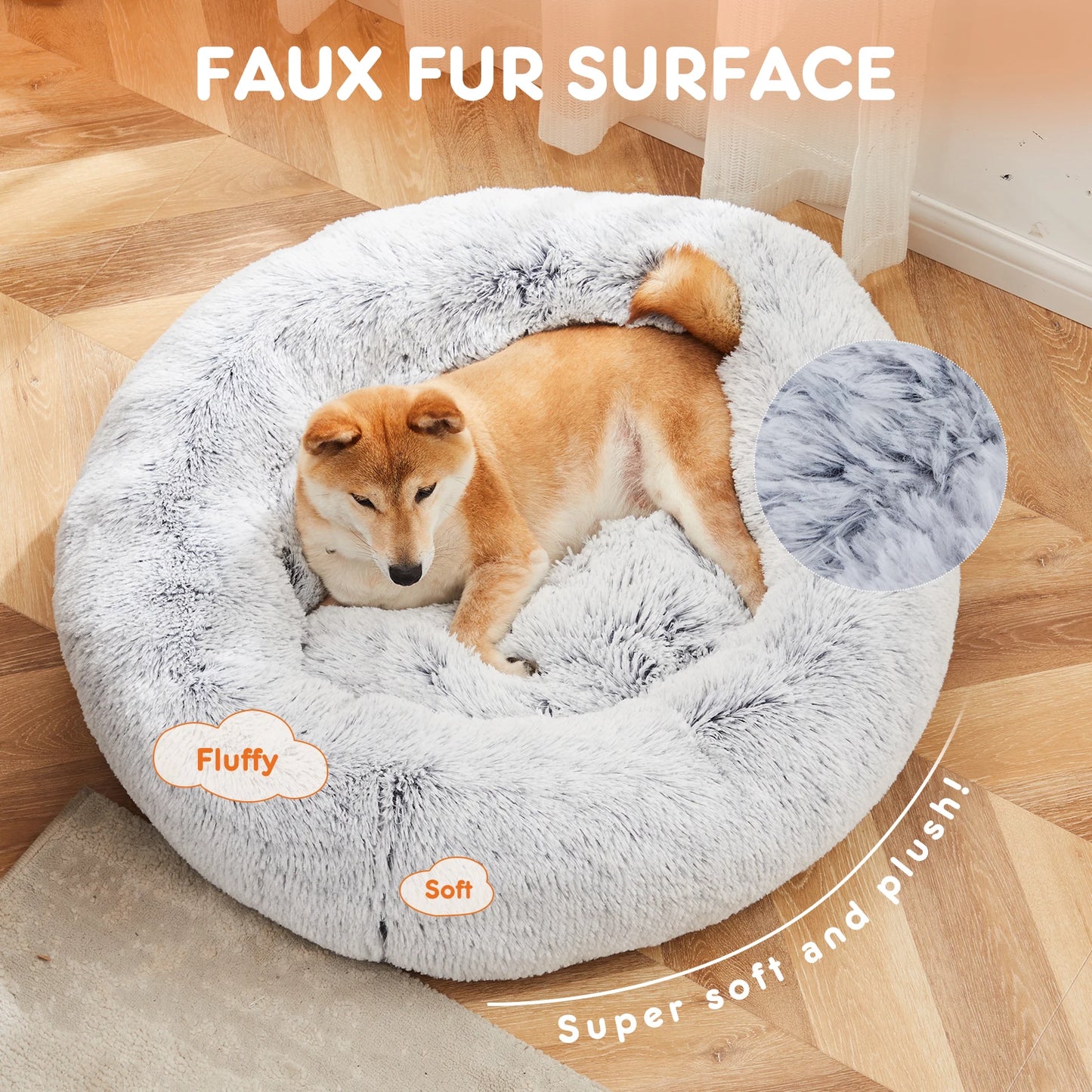 JHK Plush Faux Fur Calming Dog Bed Washable Non Slip