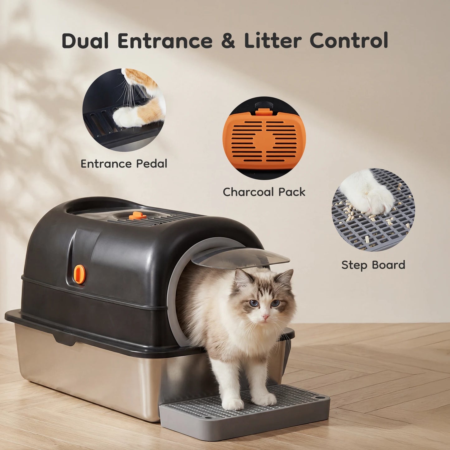 Stainless Steel Cat Litter Box Fully Enclosed For Large Cats With Scoop And Mat