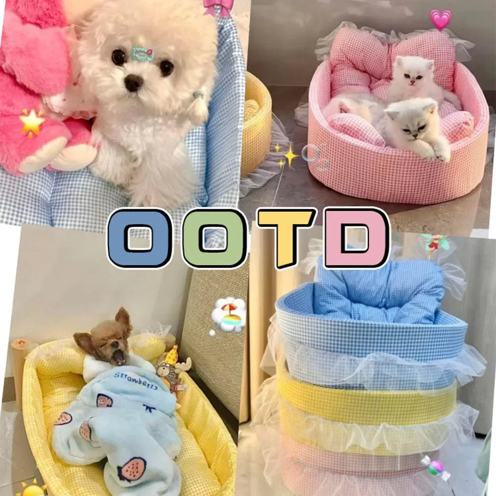 Plush Cat Sofa Bed With Lace Trim Washable Removable Cover