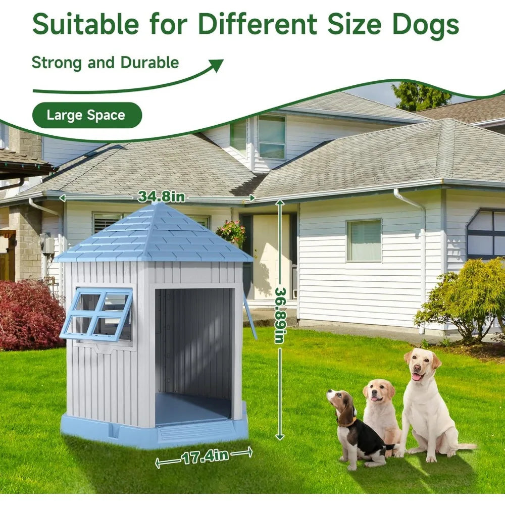 Dog House Indoor Outdoor Durable Kennel With Window And Elevated Floor