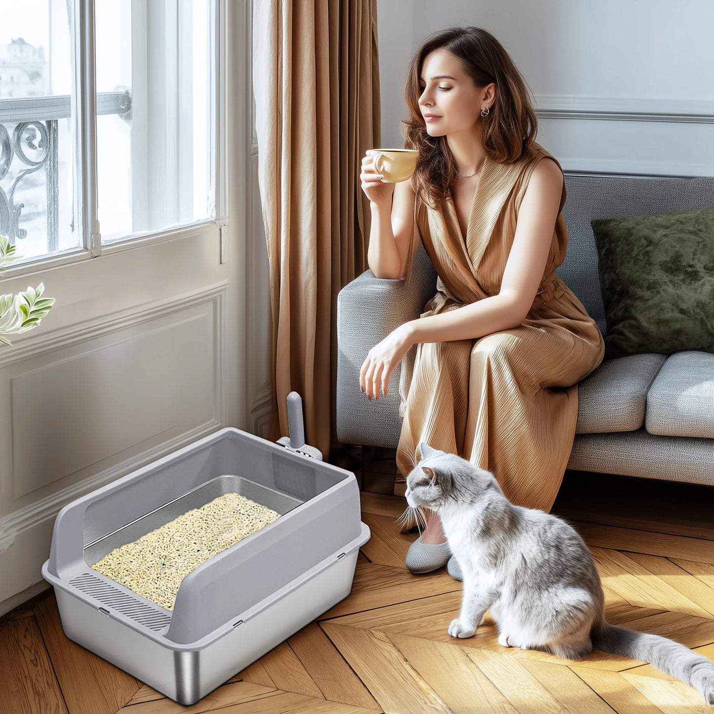 Stainless Steel Semi Closed Cat Litter Box With Scoop Odor Proof