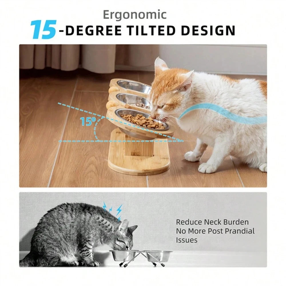 Raised Cat Feeder With Tilted 15 Degree Wood Stand Bowls