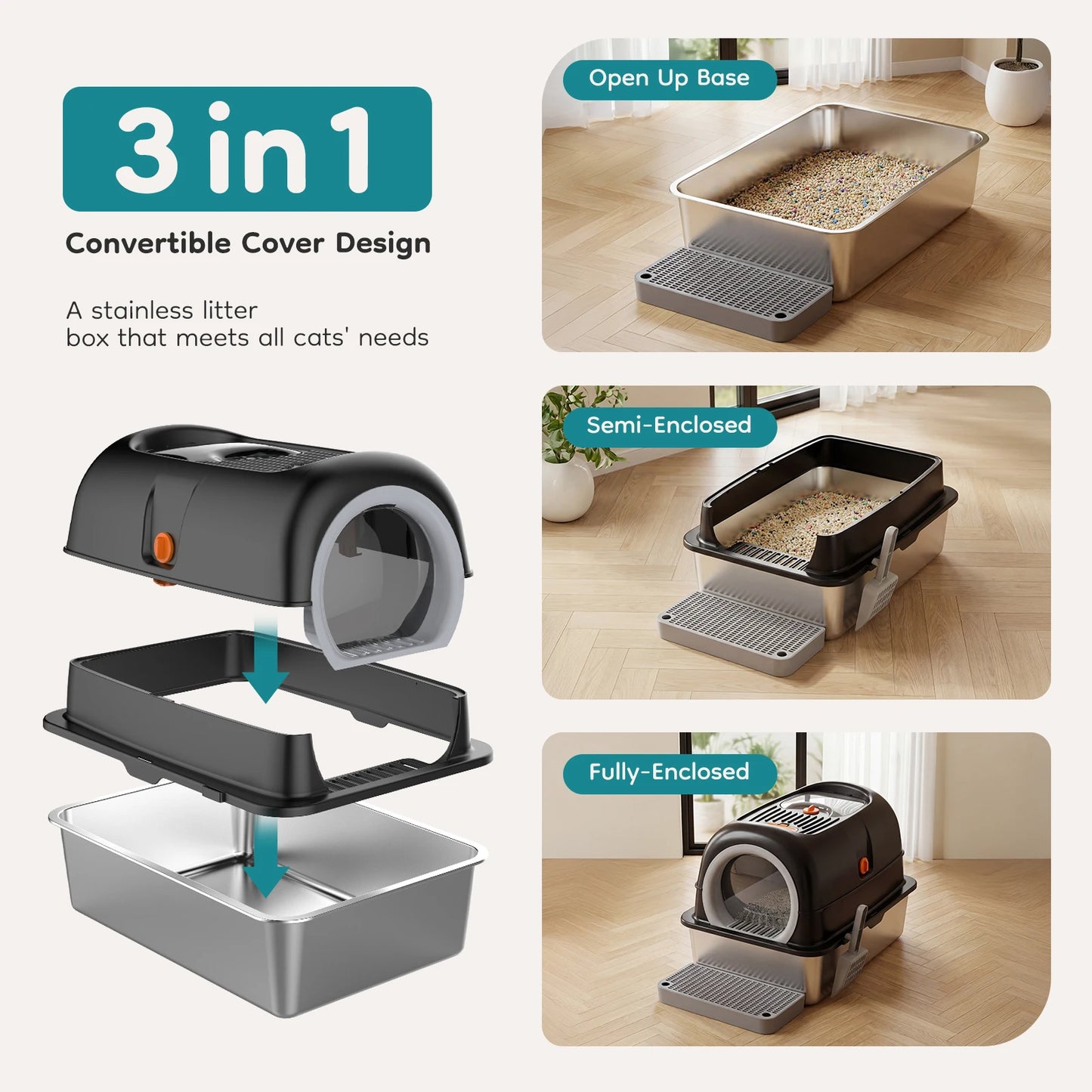 Stainless Steel Cat Litter Box Fully Enclosed For Large Cats With Scoop And Mat