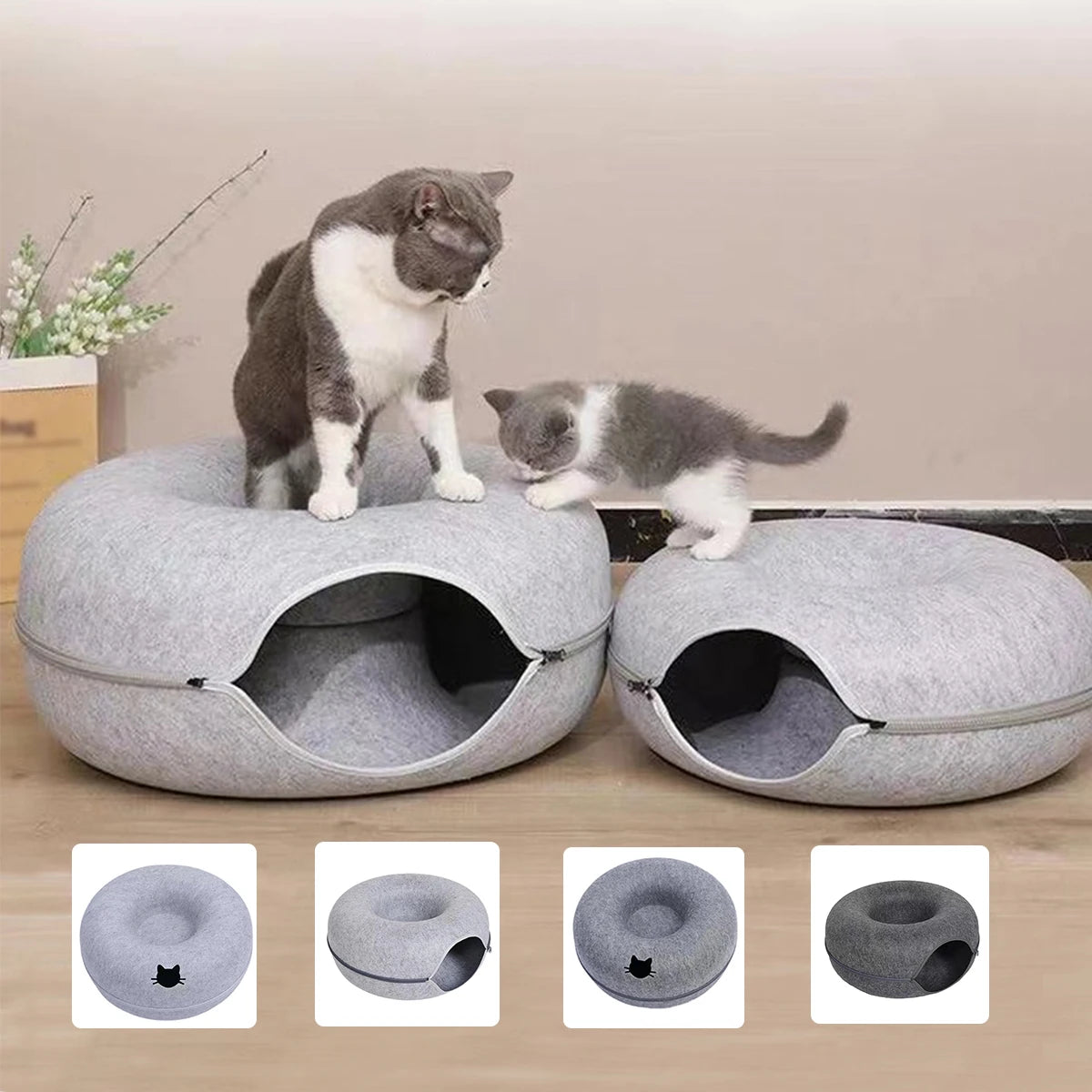Donut Cat Bed With Interactive Tunnel For Cats And Kittens