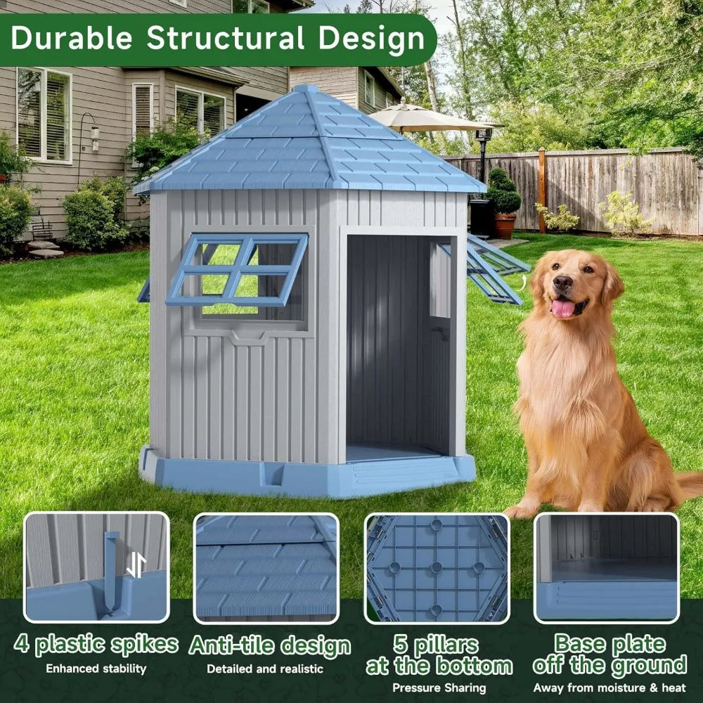 Dog House Indoor Outdoor Durable Kennel With Window And Elevated Floor
