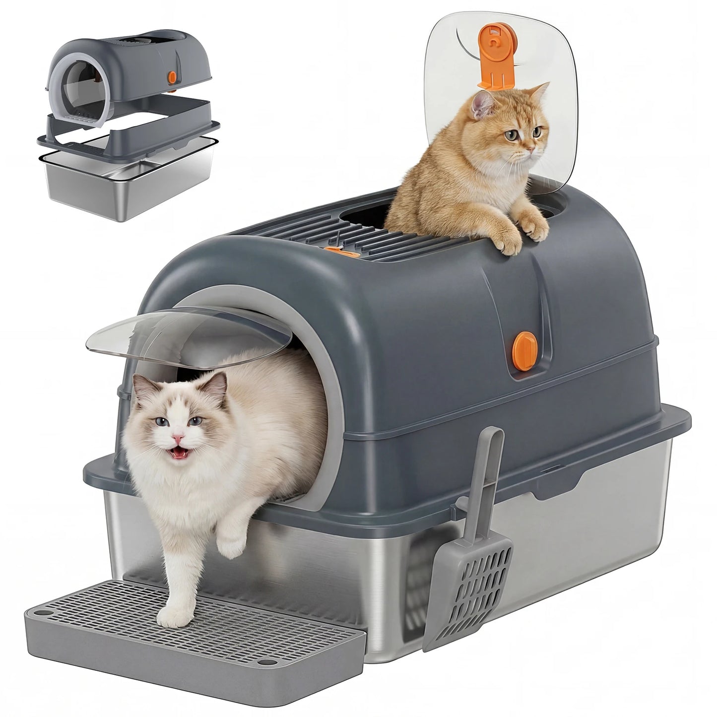 Stainless Steel Cat Litter Box Fully Enclosed For Large Cats With Scoop And Mat