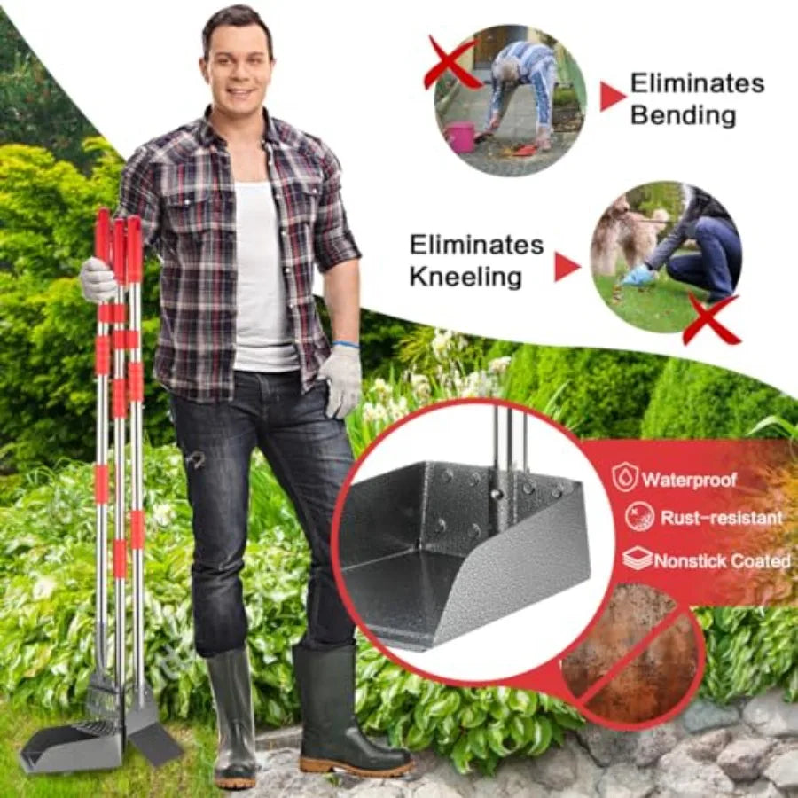 Long Handle Dog Pooper Scooper Stainless Steel Rake With Tray